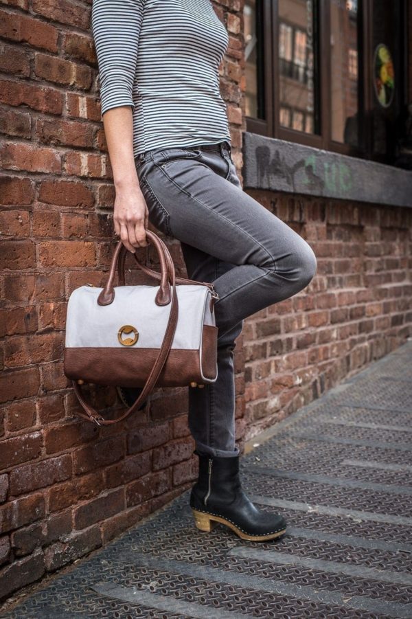 gray vegan purse and canvas crossbody bag
