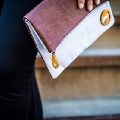 gray clutch with brown vegan leather, sustainable and cruelty free