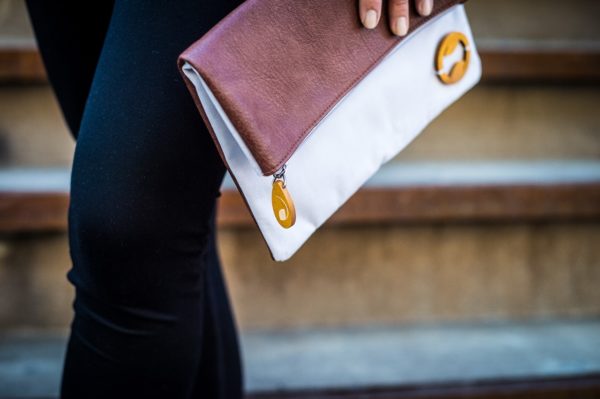 gray clutch with brown vegan leather, sustainable and cruelty free