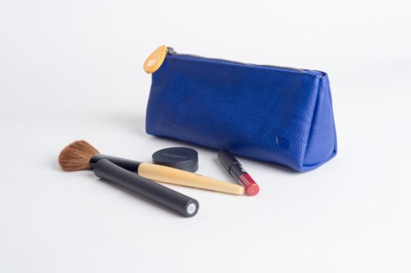 zippered pouch and pencil bag in blue vegan leather