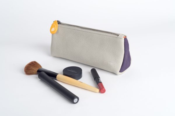 small cosmetics bag in gray, vegan leather