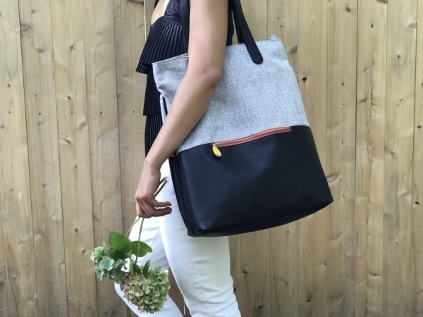 vegan backpack tote in tweed and black vegan leather