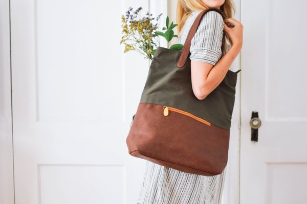 convertible backpack tote in olive green