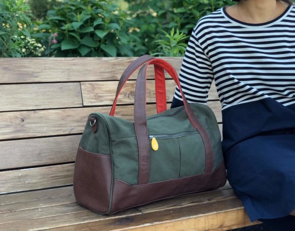 weekend duffle bag, olive green organic cotton and brown vegan leather