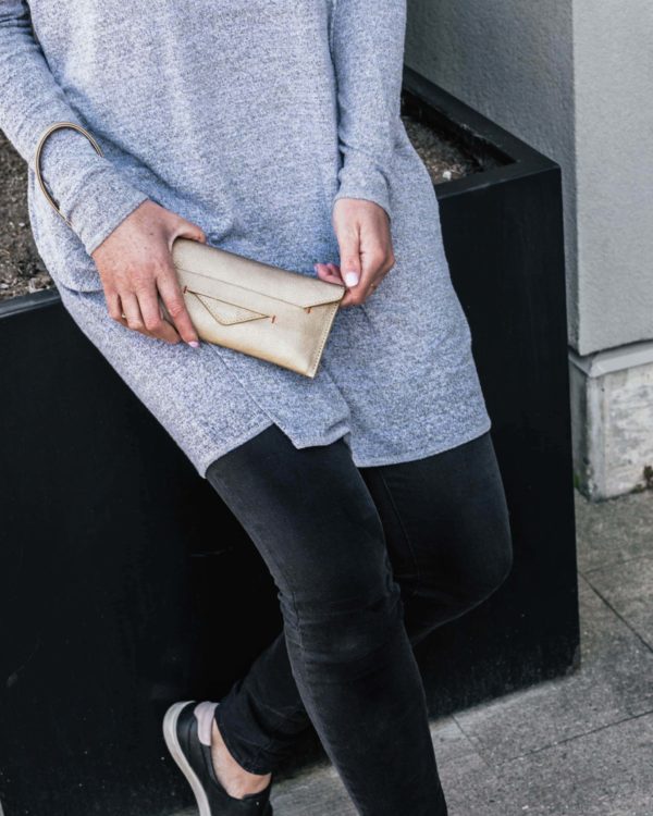 wristlet wallet in gold vegan leather, sustainable & cruelty free