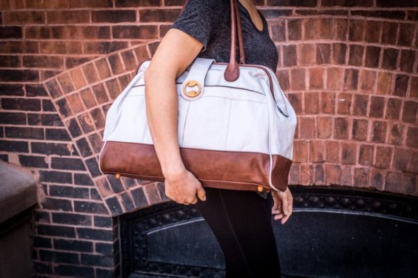 womens weekender bag in gray organic canvas and brown vegan leather