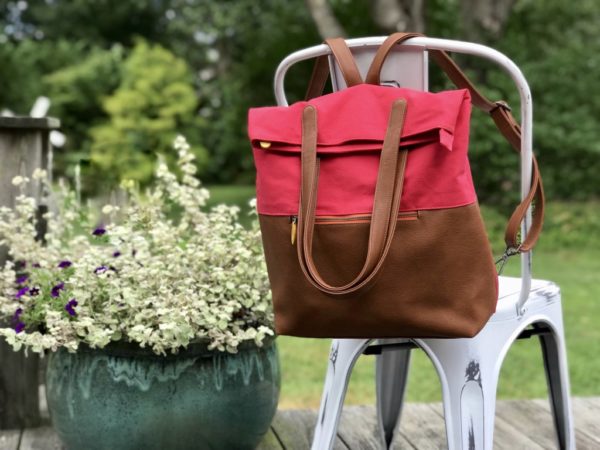 red backpack in canvas and vegan leather