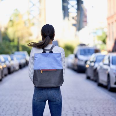 chambray denim backpack with vegan leather