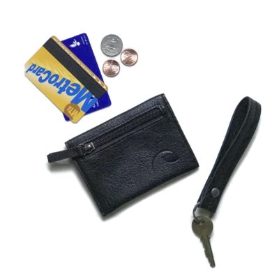 black keychain wristlet and vegan wallet