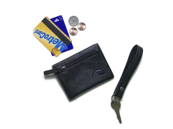 black keychain wristlet and vegan wallet