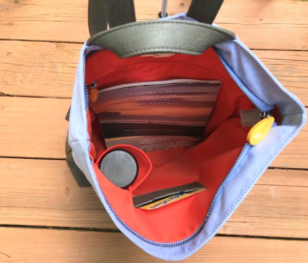 vegan backpack interior with zippered pocket