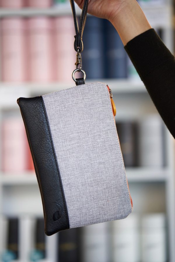 clutch purse in gray and black