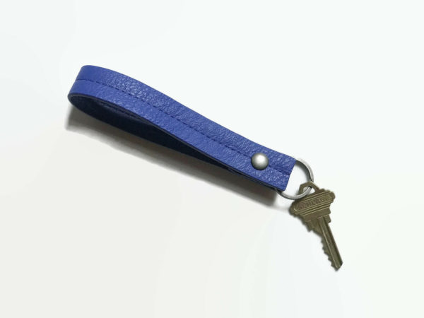 blue key fob wristlet in faux leather